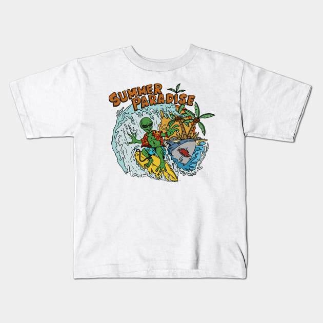 Surfing Alien on The Dangerous Beach Kids T-Shirt by RiyanRizqi